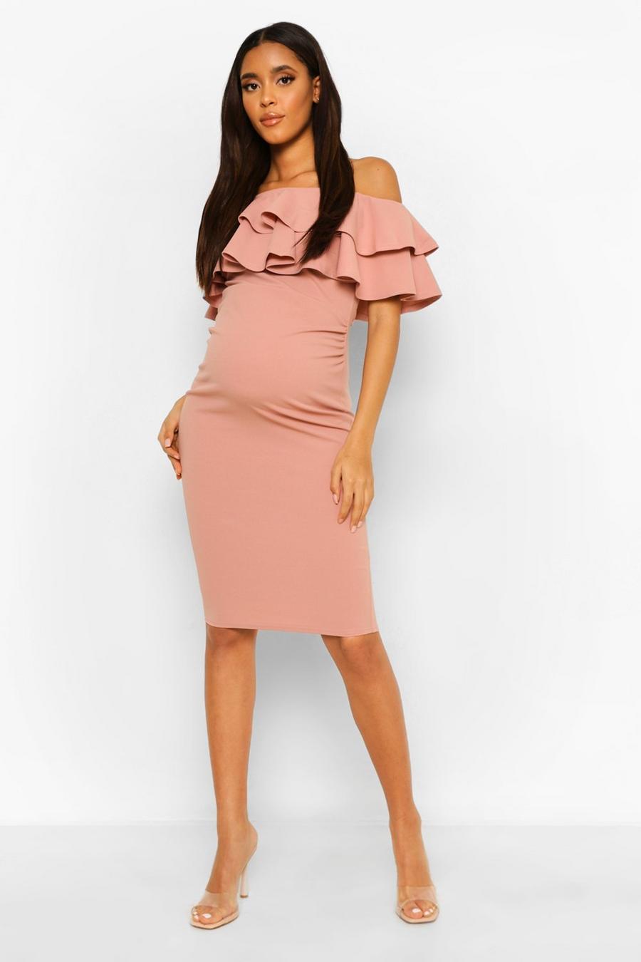 Desert rose pink Maternity  Ruffle Off The Shoulder Midi Dress