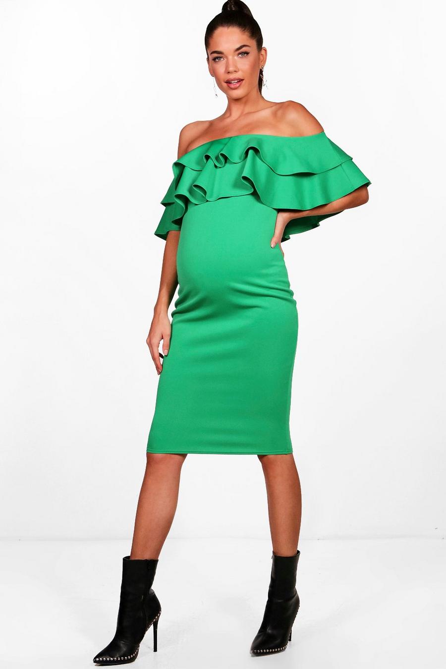 Maternité - Robe de grossesse à épaules dénudées et volants, Leaf green image number 1