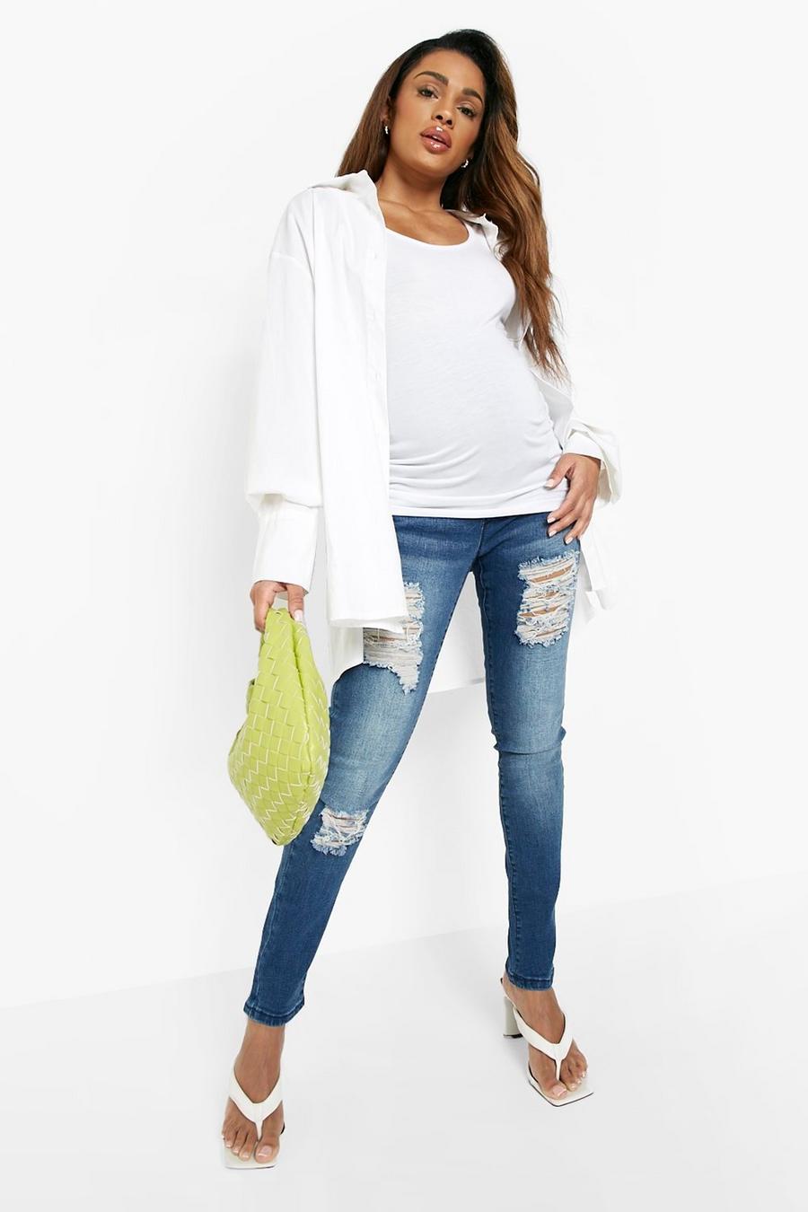 Blue Maternity Rip Skinny Over The Bump Jeans image number 1