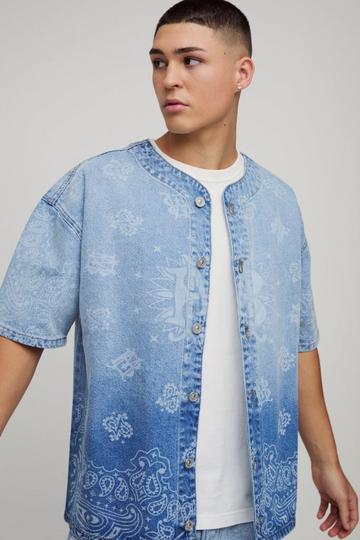 Denim Bandana Laser Print Baseball Shirt light blue