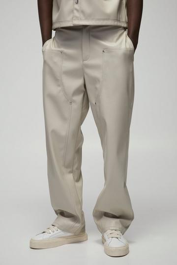 Stone Beige Relaxed Fit Fixed Waistband PU Worker Panel Trousers