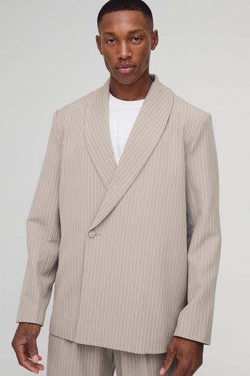 Stone Beige Relaxed Fit Asymmetrical Pinstripe Blazer