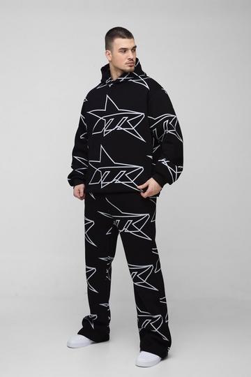 Tall Oversized Star All Over Printed Gusset Flare Hooded Tracksuit black