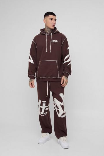 Tall Oversized Man Graffiti Rope Drawcord Hooded Tracksuit chocolate