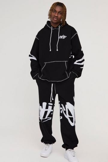 Tall Oversized Man Graffiti Rope Drawcord Hooded Tracksuit black