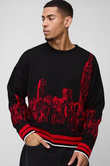 Black Boxy City Jacquard Graphic Brushed Knitted Jumper