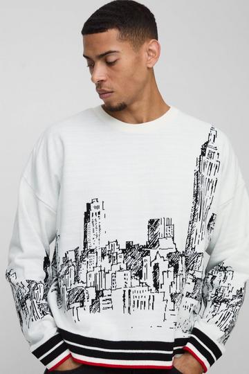 Boxy City Jacquard Graphic Brushed Knitted Jumper white