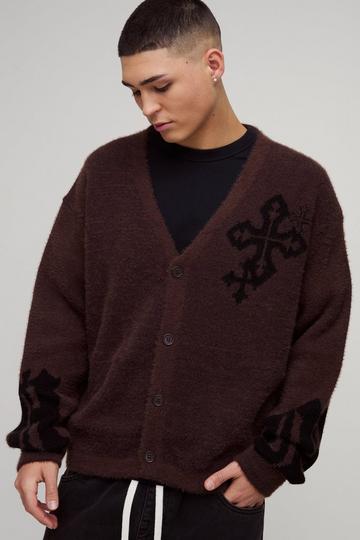 Gebreide Boxy Pluizige Cardigan Met Kruisen brown