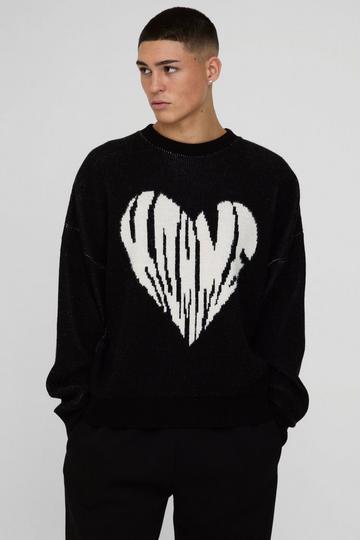 Oversized Fluffy Graphic Heart Knitted Jumper black