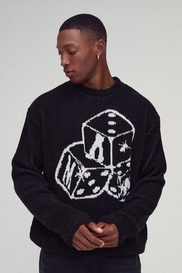 Black Oversized Boxy Dice Graphic Brushed Knitted Jumper