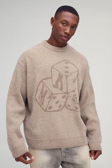 Oversized Boxy Dice Graphic Brushed Knitted Jumper ecru