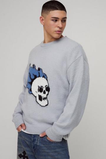 Oversized Skull Graphic Fluffy Knitted Jumper grey