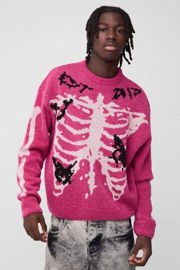 Pink Oversized Boxy Official Skeleton Boucle Knitted Jumper