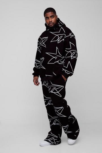 Plus Oversized Star All Over Printed Gusset Flare Hooded Tracksuit black