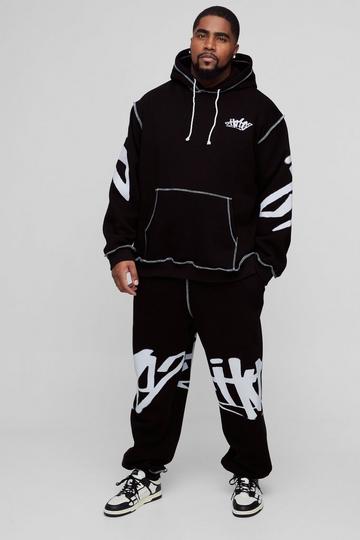 Plus Oversized Man Graffiti Rope Drawcord Hooded Tracksuit black