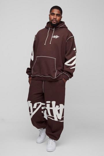 Plus Oversized Man Graffiti Rope Drawcord Hooded Tracksuit chocolate