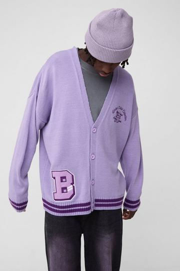 Oversized Gebreide Drop Shoulder Varsity Cardigan purple