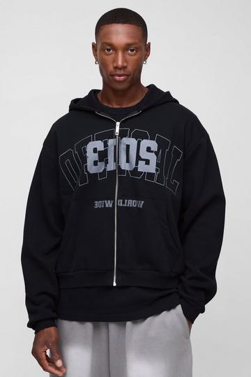 Oversized Boxy Official Varsity Zip Through Gusset Hoodie black