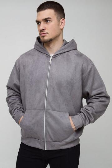 Charcoal Grey Tall Oversized Boxy Zip Thru Faux Suede Hoodie