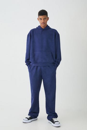 Tall Oversized Boxy Hooded Faux Suede Relaxed Tracksuit navy