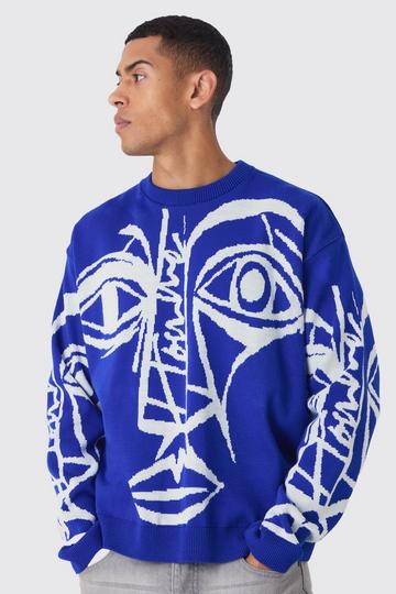 Oversized Boxy Abstract Line Face Knitted Jumper cobalt