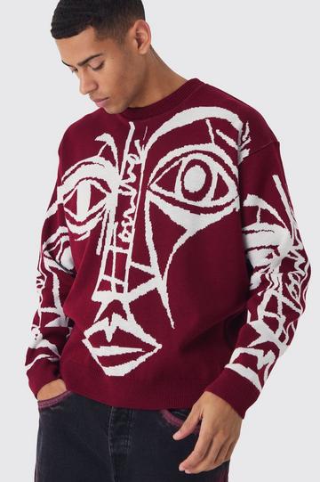 Burgundy Red Oversized Boxy Abstract Line Face Knitted Jumper