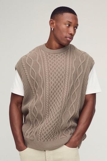 Brown Oversized Crew Neck Cable Knitted Vest