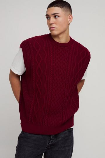 Burgundy Red Oversized Crew Neck Cable Knitted Vest