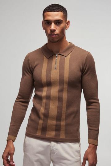 Long Sleeve Muscle Fit Stripe Knit Polo taupe