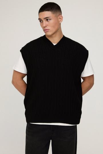 Black Oversized V Neck Cable Knitted Vest