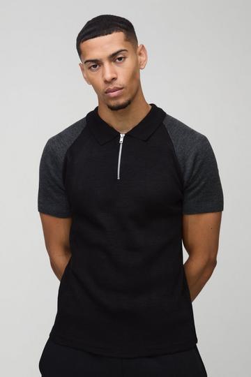 Short Sleeve Muscle Fit Raglan Colour Block Knit Polo black