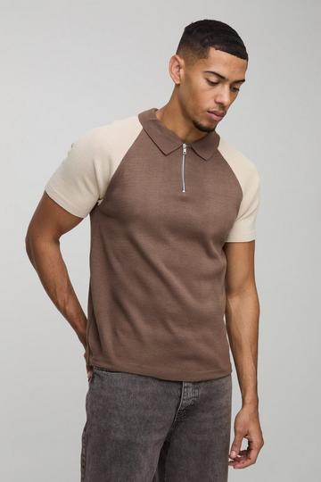 Short Sleeve Muscle Fit Raglan Colour Block Knit Polo taupe