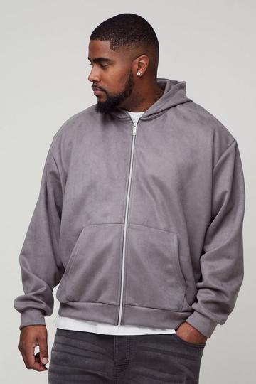 Plus Oversized Boxy Zip Thru Faux Suede Hoodie charcoal