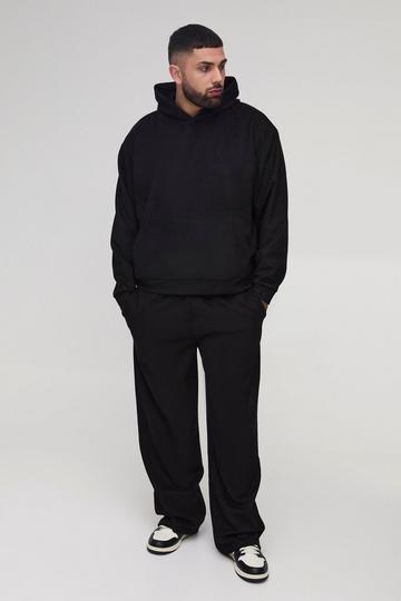 Plus Oversized Boxy Hooded Faux Suede Relaxed Tracksuit black