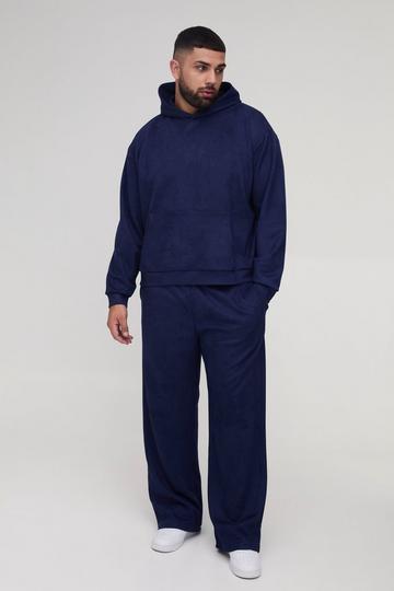 Plus Oversized Boxy Hooded Faux Suede Relaxed Tracksuit navy