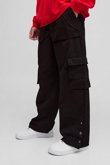 Black Elasticated Waist Baggy Brushed Twill Embroidery Cargo Trousers