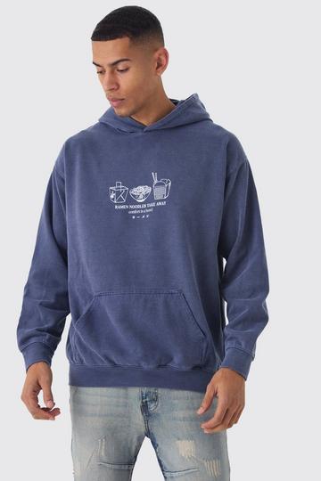 Ramen Noodles Line Drawn Graphic Washed Hoodie navy