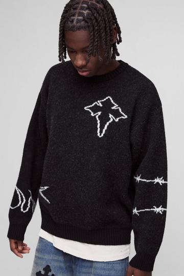 Oversized Boxy Brushed Multi Doodle Graphic Knitted Jumper black