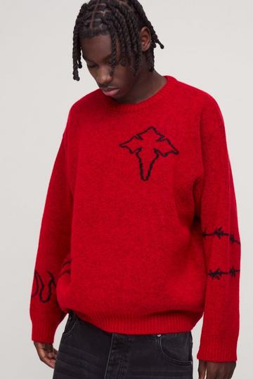 Oversized Boxy Brushed Multi Doodle Graphic Knitted Jumper red