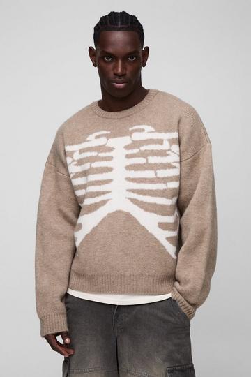 Brown Oversized Boxy Brushed Skeleton Graphic Knitted Jumper