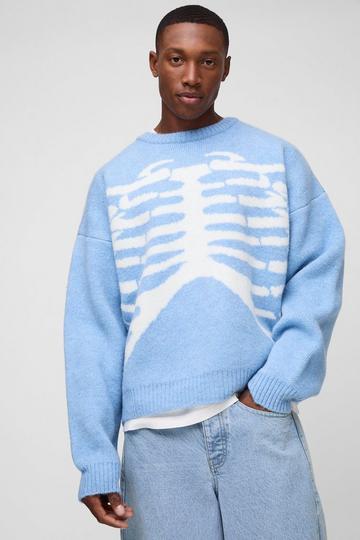 Oversized Boxy Brushed Skeleton Graphic Knitted Jumper slate blue