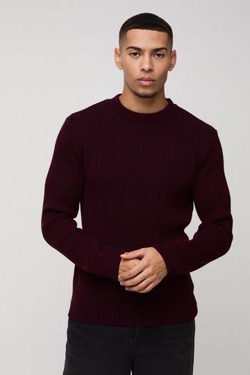 Burgundy Red Regular Crew Neck Plated Ribbed Knit Jumper