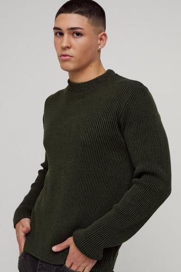 Regular Crew Neck Plated Ribbed Knit Jumper khaki