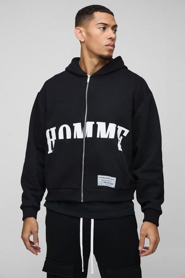 Black Oversized Boxy Homme Zip Through Hoodie