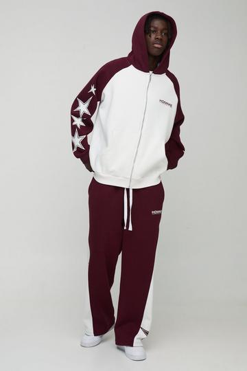 Oversized Raglan Homme Star Gusset Zip Through Hooded Tracksuit burgundy