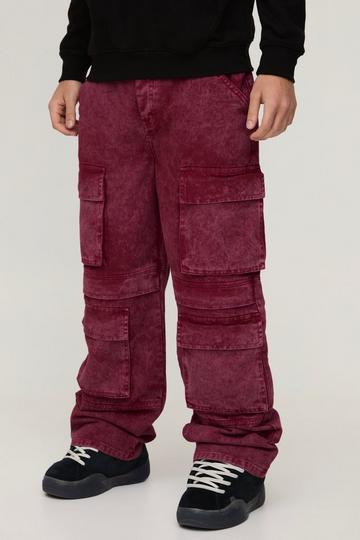 Relaxed Rigid Acid Washed Multi Pocket Cargo Denim Jeans burgundy