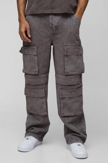 Relaxed Rigid Acid Washed Multi Pocket Cargo Denim Jeans taupe