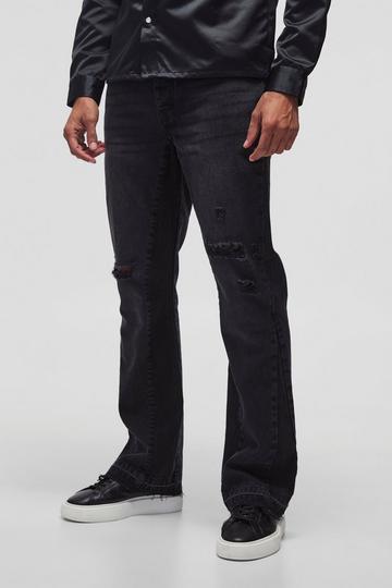 Slim Rigid Flare Distressed Gusset Panel Acid Washed Denim Jeans washed black