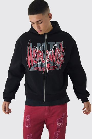 Black Oversized Boxy Large Scale Gothic Print Zip Through Hoodie