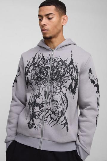 Large Scale Gothic Print Zip Through Hoodie charcoal